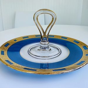 VTG MCM Tiffin style art deco tray platter 22K aqua appetizer sandwich dessert